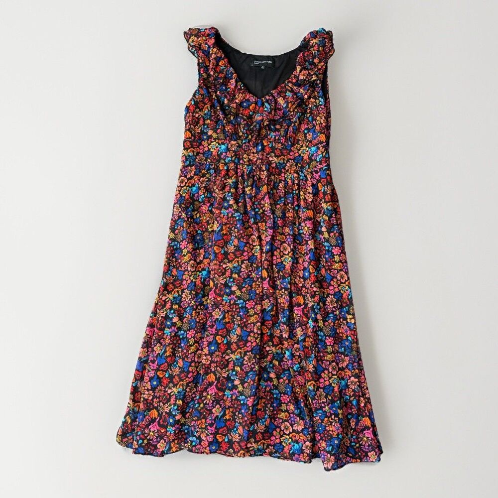 Jones New York Floral Ruffle Dress Size 6 Sleeveless Black Multi Color Lined